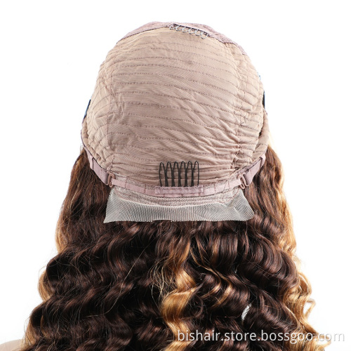 Wholesale 4/27 Highlight Loose Deep Wave Wig Honey Blonde Colored Transparent Lace Wigs Pre Plucked Human Hair for Women